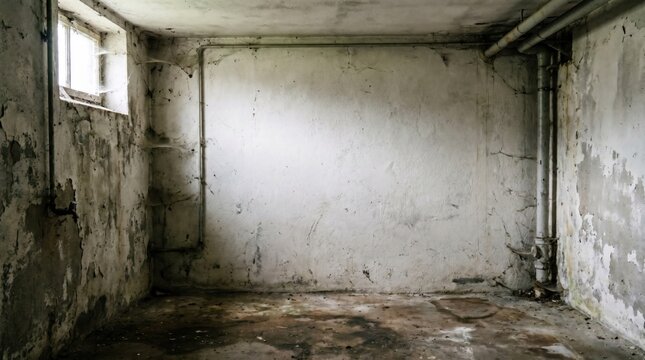 An empty, weathered room with cracked walls, a small window, and exposed pipes, showing signs of decay