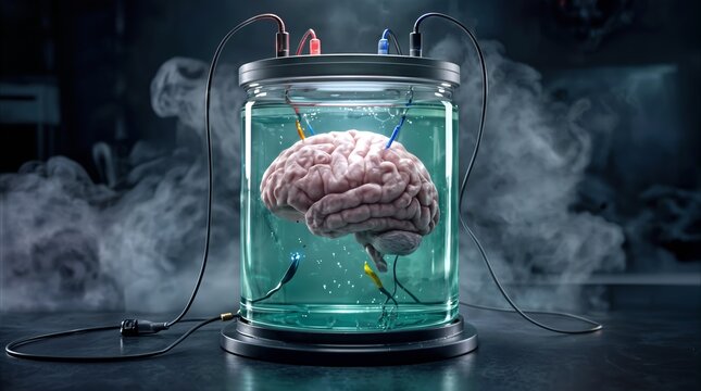 Human brain in glass jar connected to electrodes for neurological research. Scientific experiment involving brain-computer interface and cognitive data processing in laboratory.