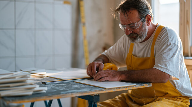 bathroom tile installer scoring ceramic wall tile on a tabletop manual cutter positioned on portable workbench beside half-tiled shower surround, eye protection worn, tile offcuts