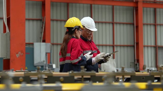 A team of engineers and staff are inspecting the production line system at a metal sheet and roofing factory. (4K video)	
