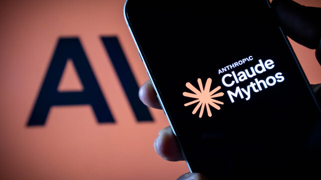 Hand holding a smartphone displaying the anthropic claude mythos logo against an ai background