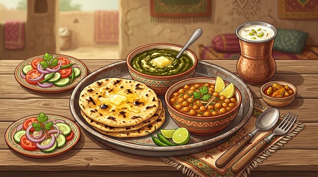 Traditional Punjabi Thali with Sarson ka Saag and Makki ki Roti, authentic Indian vegetarian meal on rustic wooden table, spicy chole and lassi