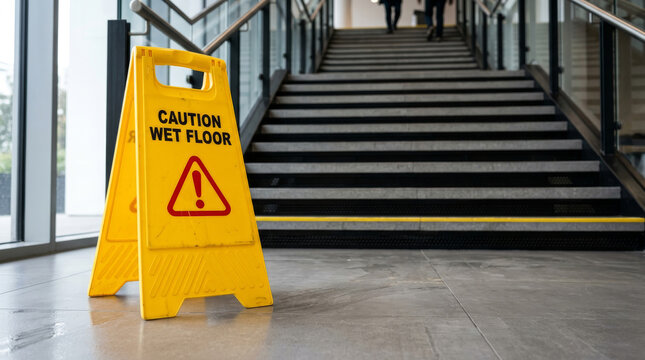 Yellow caution wet floor sign in modern office building, safety warning board near stairs, workplace hazard prevention and janitorial maintenance