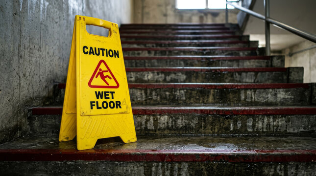 Yellow caution wet floor sign on dirty concrete stairs, safety warning board in a grimy industrial staircase, slippery surface hazard alert