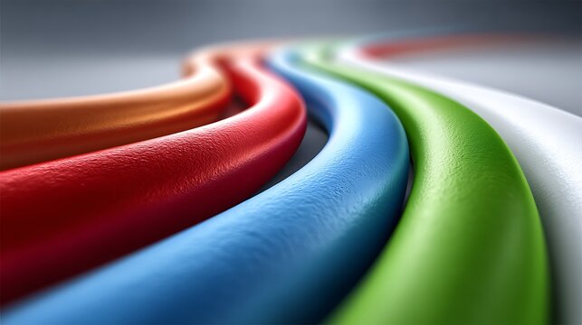 Smooth colorful plastic tubes arranged in parallel flowing curves creating a dynamic sense of motion and modern industrial design with soft lighting and depth of field