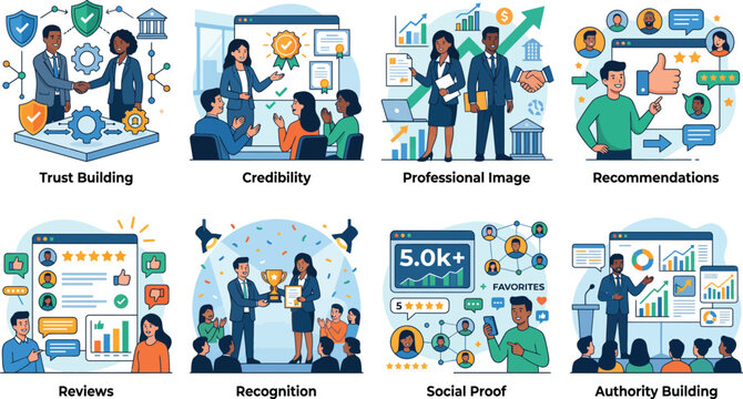 Professional Services Customer Review and Trust Signals Flat Vector Illustration Set