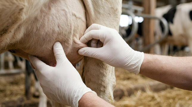 Veterinarian palpating dairy cow udder to check for mastitis and mammary gland health at farm