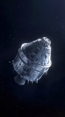 Fototapeta premium Damaged space capsule drifting through deep void of star-filled galaxy. Abandoned command module covered in ice and frost floating in outer space.