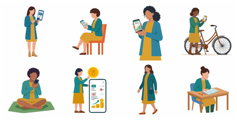 Fototapeta premium Set of diverse women managing personal finance and emergency savings using mobile apps