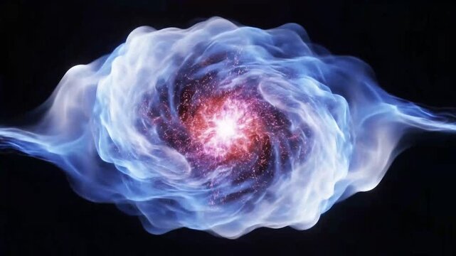 A vibrant cosmic explosion occurs in deep space with swirling purple and blue flames.