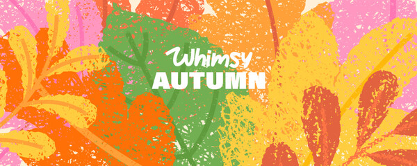 Obraz premium Autumn colorful tree leaves. Hello Autumn frame. Fall season design decor elements. Hand drawn charcoal, crayon, chalk texture leaves. Long horizontal seasonal landscape.