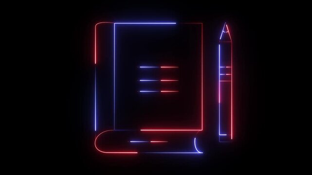 A neon-style animated icon featuring a red and blue notepad or document and a pen.