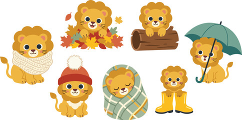 Fototapeta premium Cute Autumn and Winter Lion Cub Vector Set Featuring Adorable Safari Animals with Scarf Umbrella Blanket and Fall Leaves for Seasonal Nursery Graphic Designs