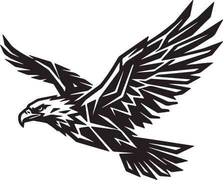 Elegant eagle silhouette made from sharp geometric strokes, black and white premium vector illustration, powerful wildlife icon, isolated on white background, premium stock style