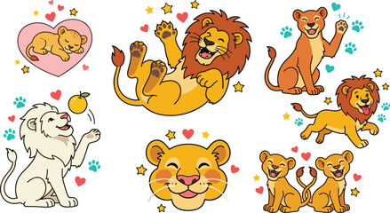 Obraz premium Cute Kawaii Lion Character Vector Set Featuring Adorable Smiling Cub White Lion Playing Ball and Happy Lions for Kids Sticker Graphic Designs