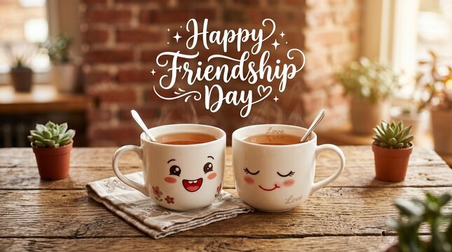 Two cute mugs with smiling faces on a wooden table for happy friendship day