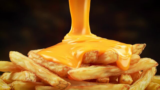 Golden cheese drips over hot French fries