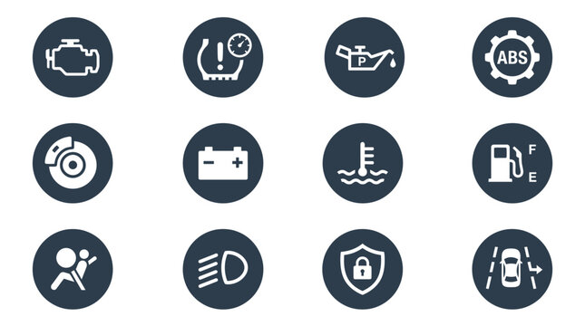 Set of twelve flat circular car dashboard warning light icons.