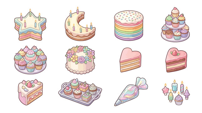 A collection of cute pastel cartoon cakes, cupcakes, and baking accessories including star, moon, rainbow, and floral designs, along with heart slices and candles.