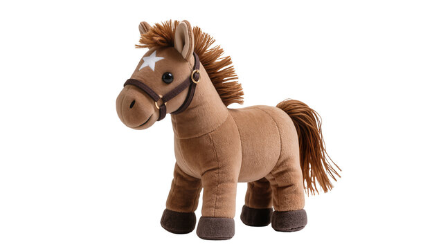 Brown plush horse toy with white star on forehead and bridle