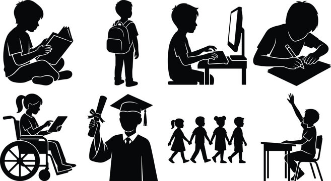 Children education silhouette set featuring school kids studying reading writing and graduating in vector graphics