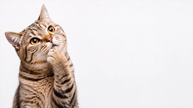 Thinking cat reaction with copy space on white background