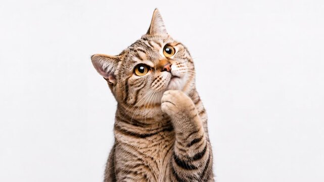Thinking cat reaction with paw on chin on white background