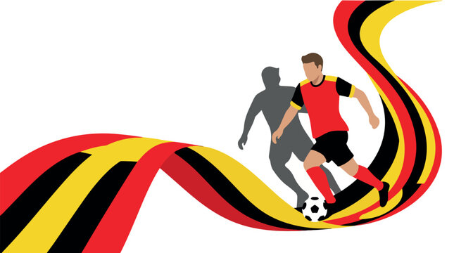 Professional soccer player dribbling with dynamic ribbon waves for world cup tournament, Modern vector illustration with abstract fluid motion lines, Global football cham