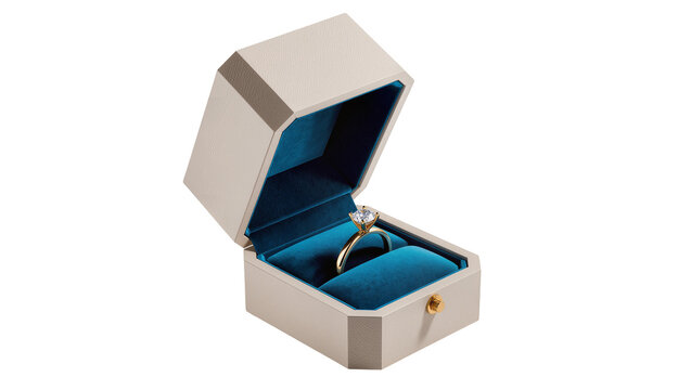 Diamond engagement ring in open beige velvet jewelry box