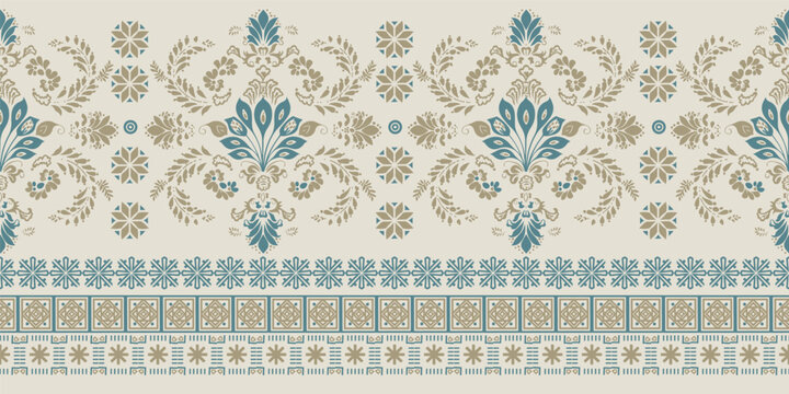 Seamless ethnic floral border pattern in damask style. Vintage bohemian vector ornament with geometric elements for textile, fabric print, and wallpaper design.