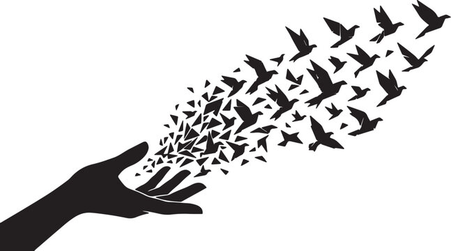 Minimal hand silhouette releasing a flock of birds made from fragmented polygons, black and white premium vector