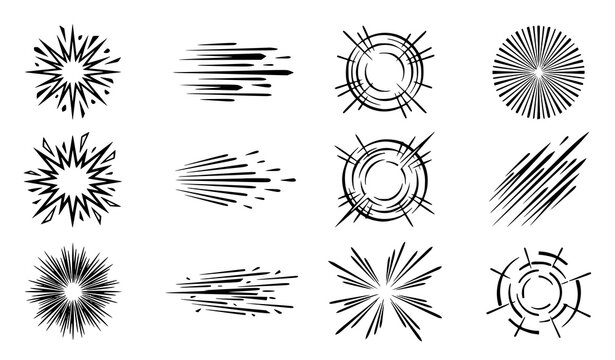 Comic Speed Lines and Explosive Motion Vector Set with Radial Blast Waves and Action Streaks for Manga Animation