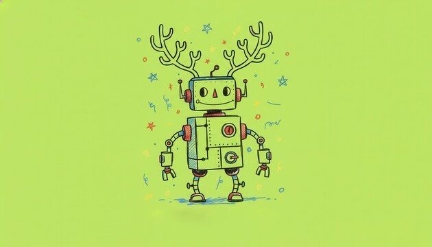 Playful green robot with antlers surrounded by colorful stars on a bright green background