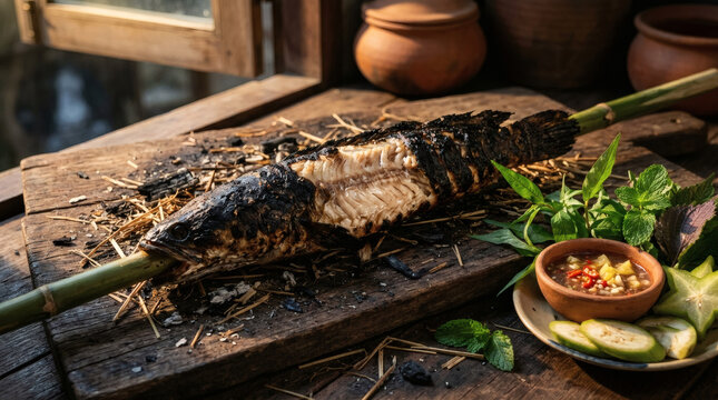 Vietnamese Grilled Snakehead Fish Ca Loc Nuong Trui on Teak Wood
