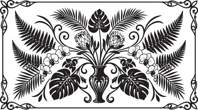 Luxury botanical arrangement featuring exotic leaves and wildflowers in symmetrical composition, black and white vector, elegant negative space design, premium printable artwork, isolated on white bac