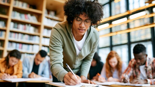 A student actively participating in a group study session in a contemporary library, highlighting collaboration and interaction among diverse learners. Ideal for educational materials, academic