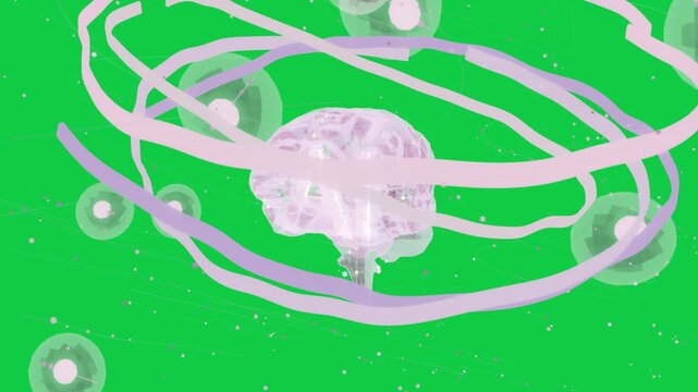Clear brain glowing nodes arising ribbons looping trails tracing showing net on transparent space