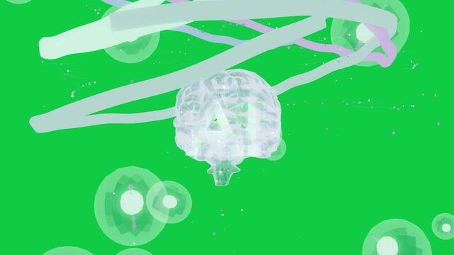 On ribbon sweep, holo brain revealing AI, ribbons looping, orbs pulsing, showing data on clear bg