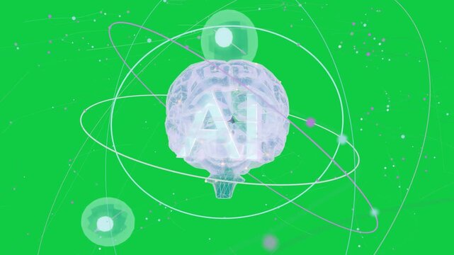 On load holo brain labeled AI rotating, rings, spheres orbiting, showing data in transparent void