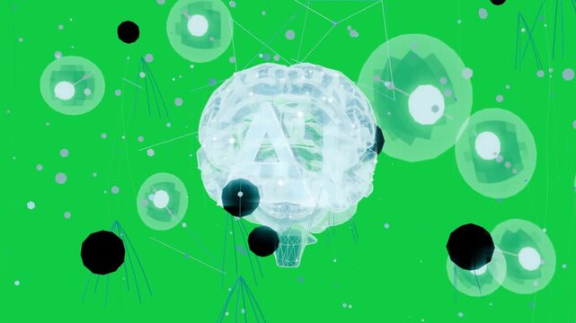 Glowing cyan 3D brain rotating as nodes orbiting, visualizing neural net on transparent background