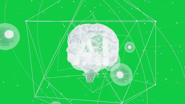 On play 3D brain rotating pulsing in wireframe cube, trails showing data on transparent backdrop