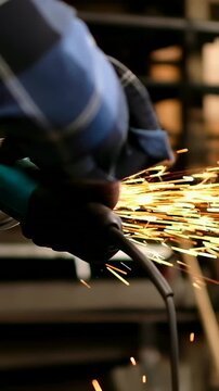 Vertical video: Touching grinder to metal, gloved arm in plaid grinding in shop to smooth, sparking