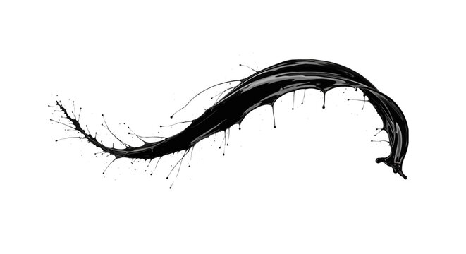 A dynamic splash of dark liquid flows across a clean white background