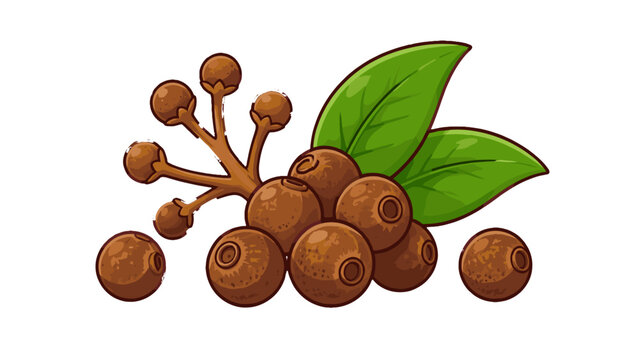 Cartoon allspice berries with green leaves isolated on white