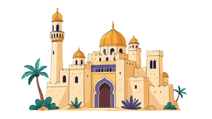 Cartoon desert palace with domes, tower, and palm trees © Alan