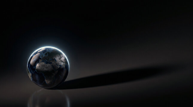 Earth appears as a small glowing orb resting on a dark reflective surface that creates a sense of profound isolation and mystery.