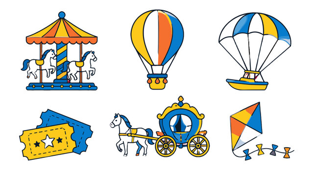 Amusement park outline icons with carousel balloon and kite