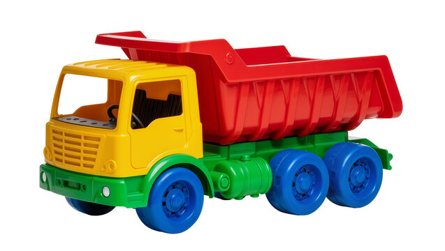 Yellow and red plastic toy dump truck with blue wheels