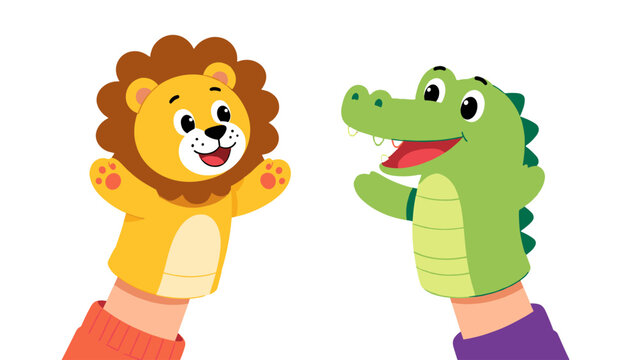 Cute lion and crocodile hand puppets vector illustration