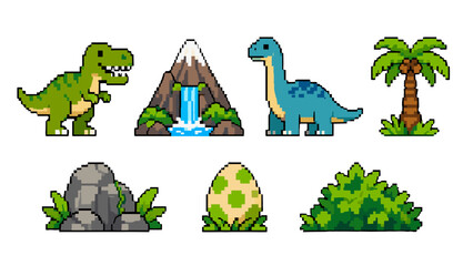Pixel art dinosaur and prehistoric landscape game elements set © Alan
